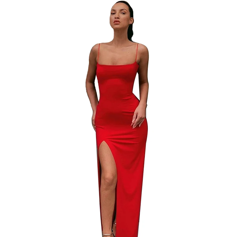 

Летнее женское платье на бретелях-спагетти, сексуальное однотонное облегающее платье с разрезом, модное винтажное платье до щиколотки, Нов...