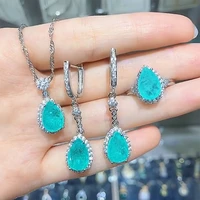 luxury wedding silver color accessories set for bride simulated paraiba water drop tourmaline ring necklace earring jewelry set