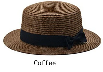 coffee Модная женская соломенная шляпа с плоским бантом, летняя шляпа от солнца для женщин и девушек, модная пляжная шляпа-федора - Цвет: coffee