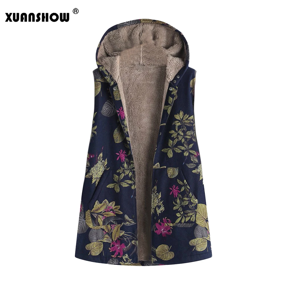 XUANSHOW новая зимняя одежда модные цветочные печатные куртки без рукавов с капюшоном для женщин Повседневная Флокированная Женская майка пальто - Цвет: Navy Blue