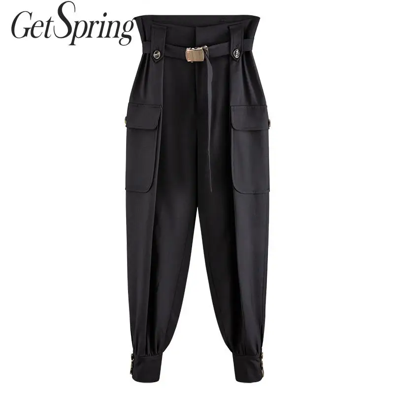 Getвесенние женские черные штаны шаровары с высокой талией винтажные