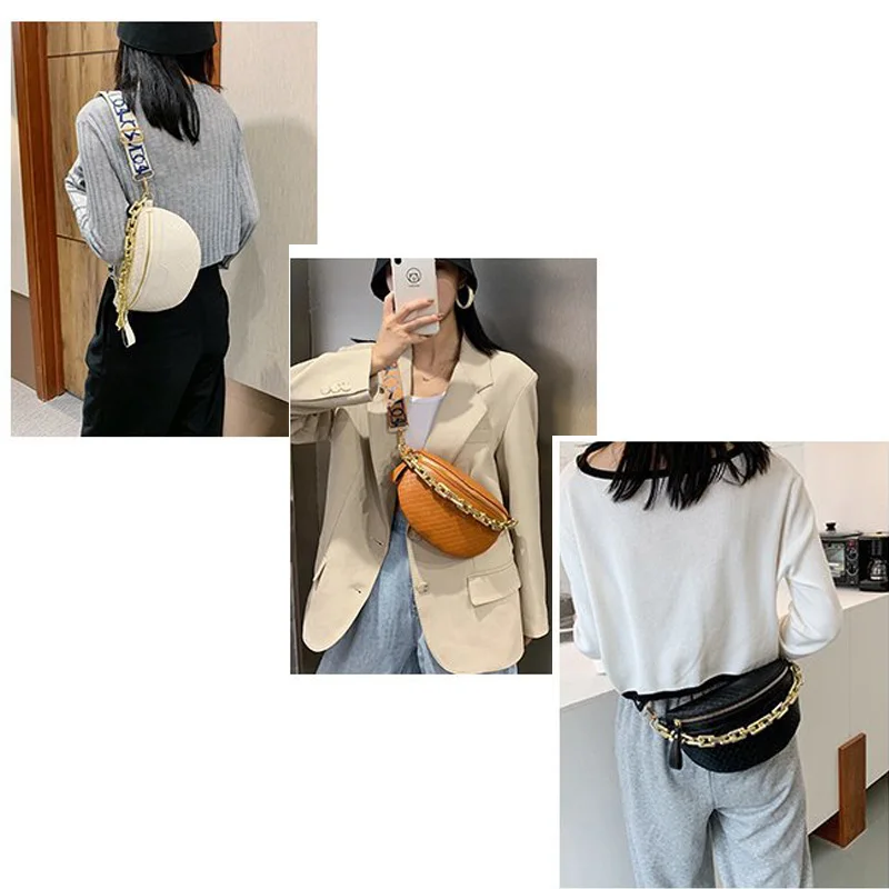 

Thick Chain Women's Fanny Pack Plaid leather Waist Bag Shoulder Crossbody Chest Bags Luxury Designer Handbags Female Belt Bag