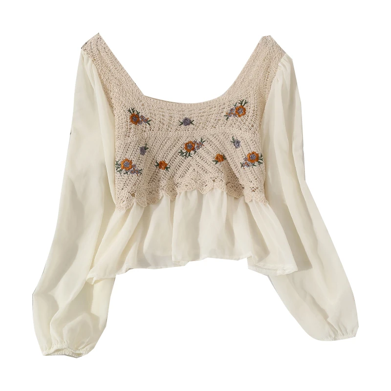 

Sweet early autumn new retro retro cut out knitted stitching shirt for women design small V-Neck long sleeve top