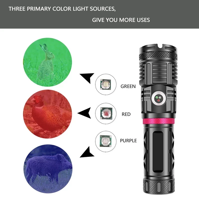 Online Linterna LED XHP120 De Aluminio, Con 16 Núcleos, Recargable Por USB, Zoom, Verde, Rojo Y Azul, 18650