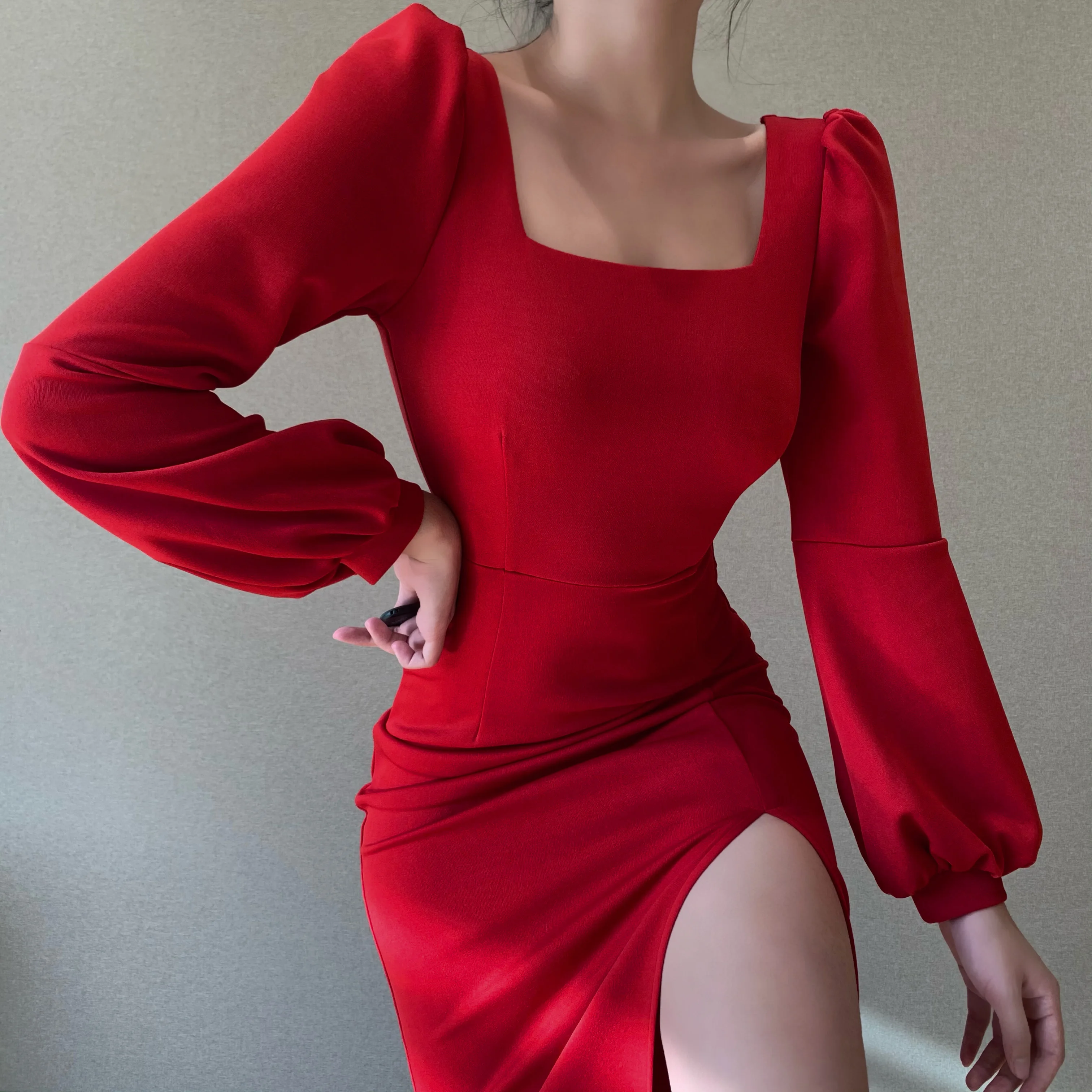 

Retro square neck Lantern Sleeve Dress with European and American style