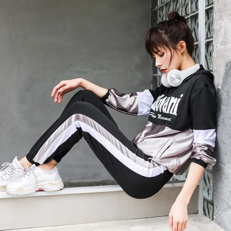 Women Plus Size 3 Pieces Shiny Sportswear Long Sleeve Shirt Bra Pants Gym Workout Clothes solid Patchwork Yoga suit |