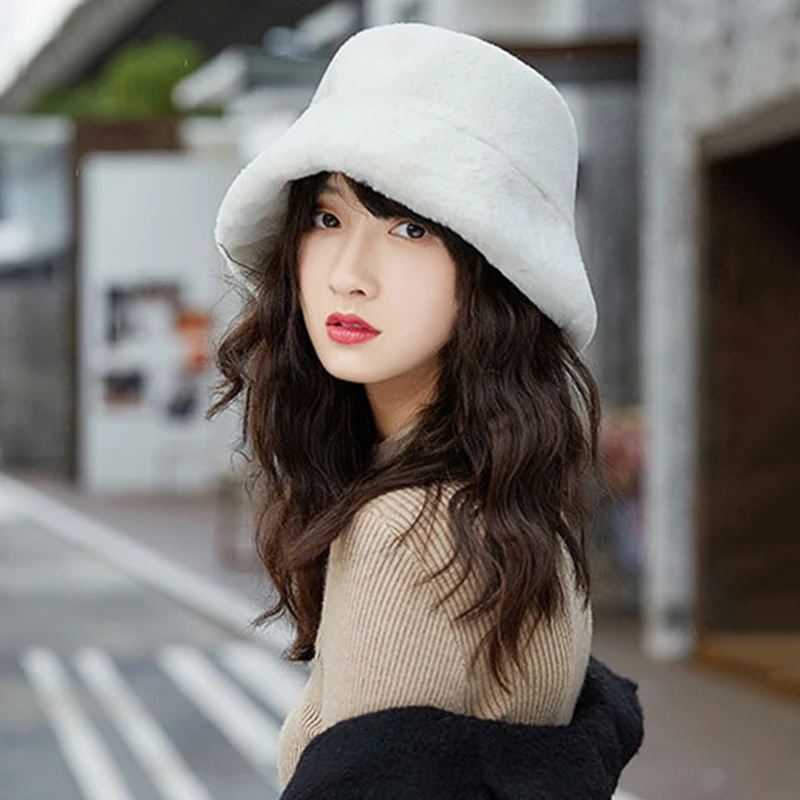 

Winter Outdoor Vacation Lady Panama Black Solid Thickened Soft Warm Fishing Cap Faux Fur Rabbit Bucket Hat Women