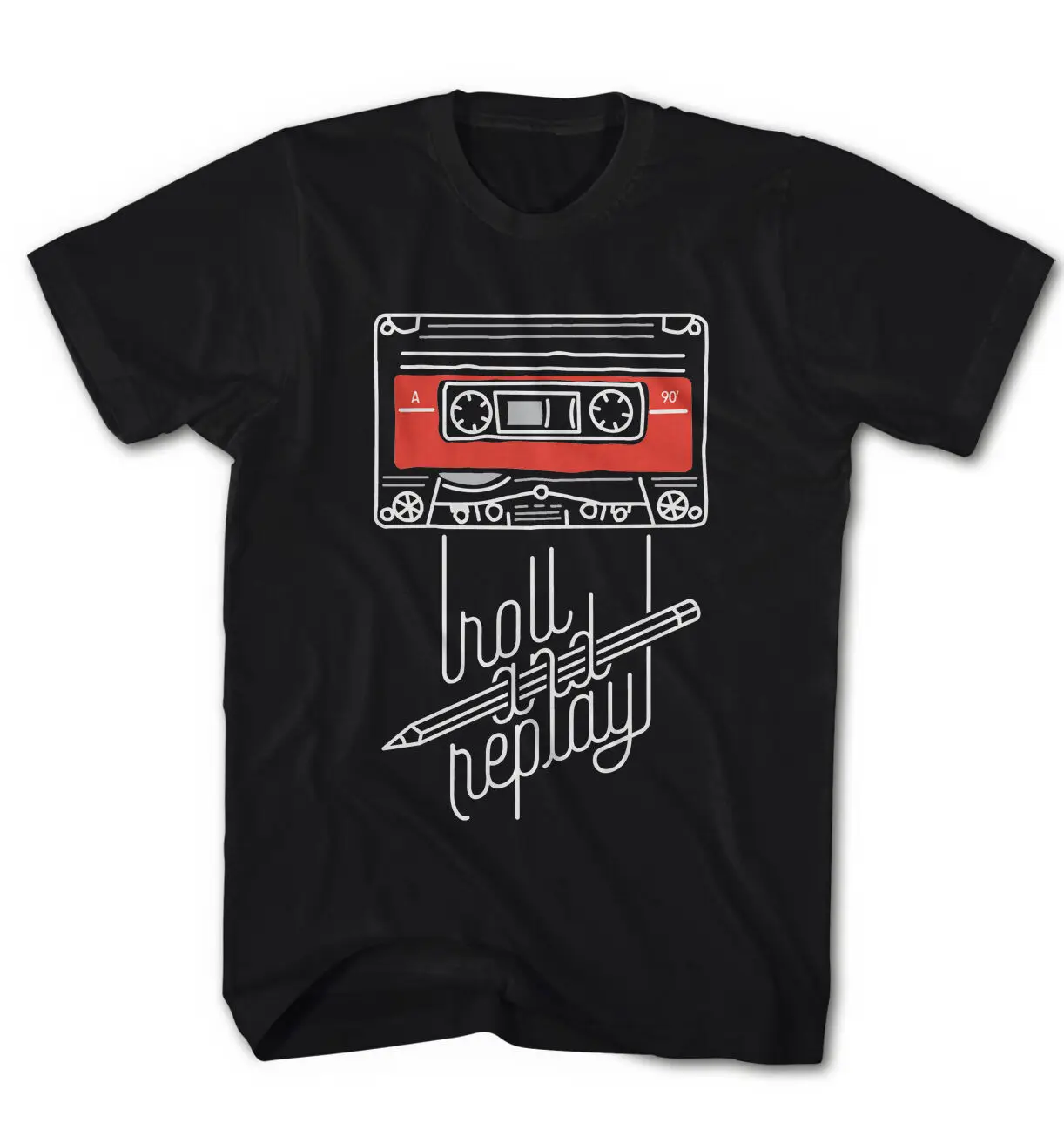 

Men T -Shirt Roll and Replay Music Cassette Audio Vintage Printed Tshirts for Men Size S-3XL