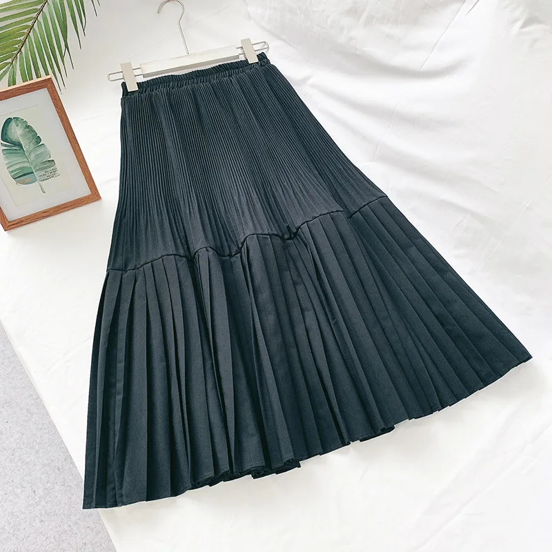 Stitching pleated skirt female mid-length 2019 winter new style high waist was thin A-line temperament bottoming | Женская одежда