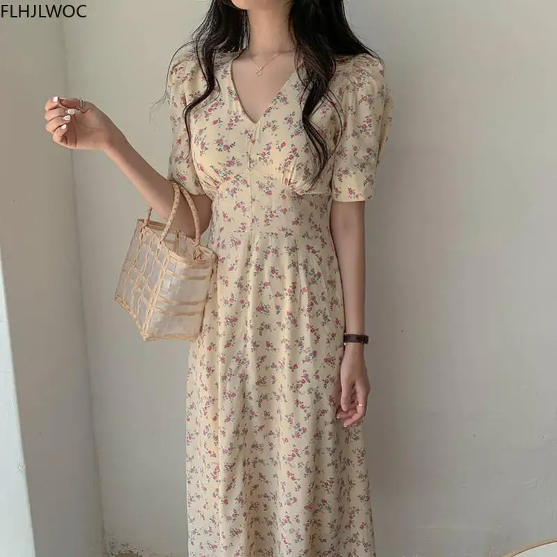Beautiful Midi Dress Summer Holiday Date Office Lady A Line Elegant Floral Retro Vintage Korean Chic Flhjlwoc Vestidos | Женская одежда