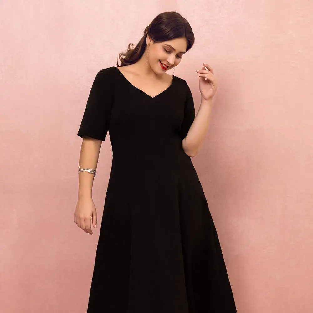 Simple Black Plus Size Homecoming Dress 2020 New Half Sleeves V-neck A-line Tea-length Zipper-up for Party | Свадьбы и торжества