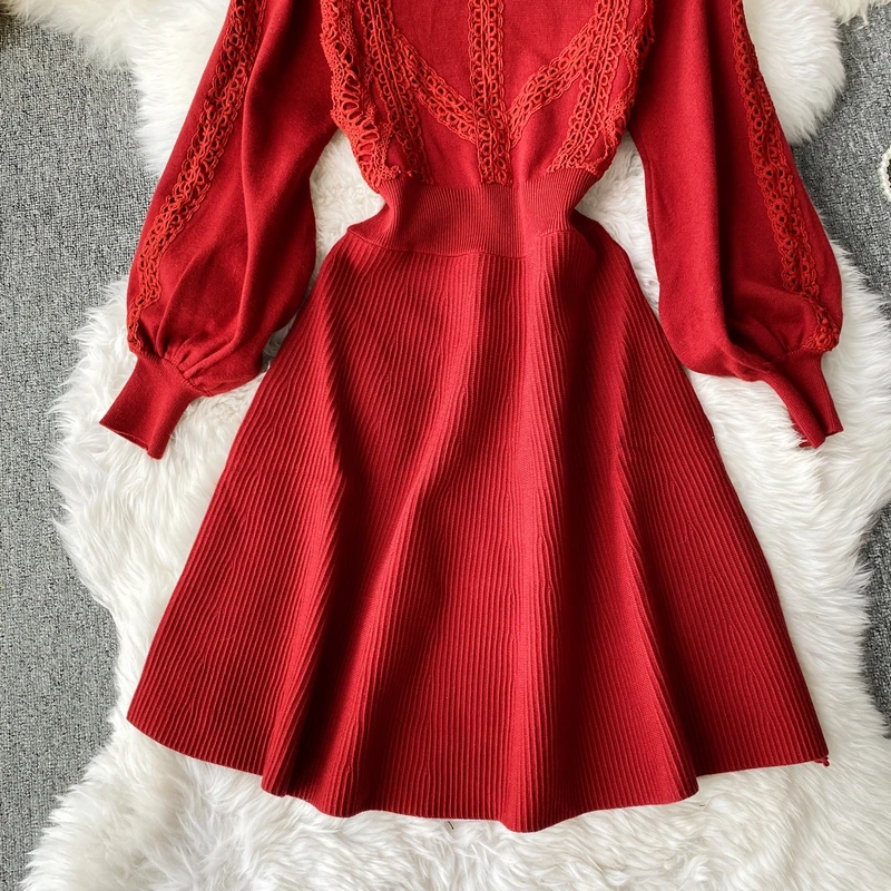 

2021 Autumn Winter Knitted Sweater Dresses For Women New Year Red Party Dresses Long Sleeve Slim A-Line Vintage Robe Hiver