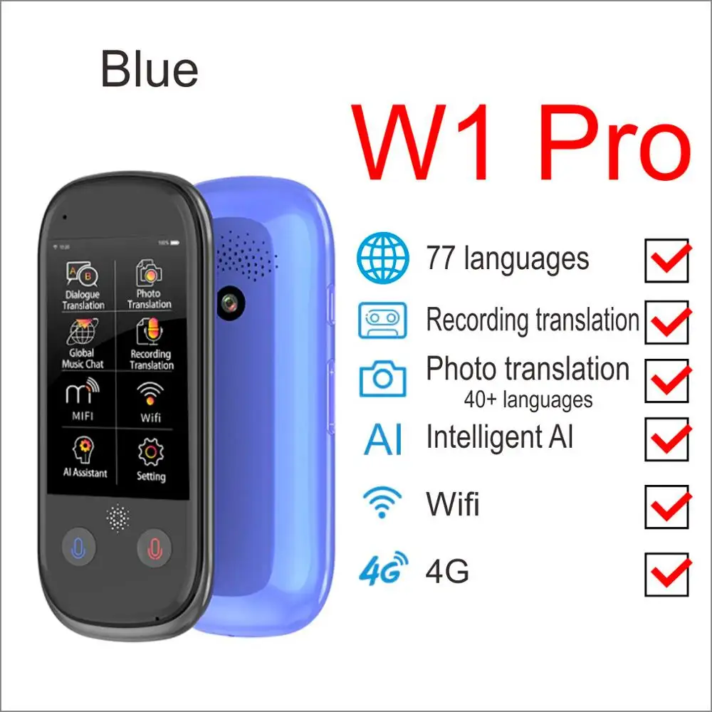 Boeleo K1 Pro синхронный голосовой переводчик 2,4 дюймов wifi 500MP фото перевод многоязычный портативный умный голосовой переводчик - Цвет: W1PRO BLUE