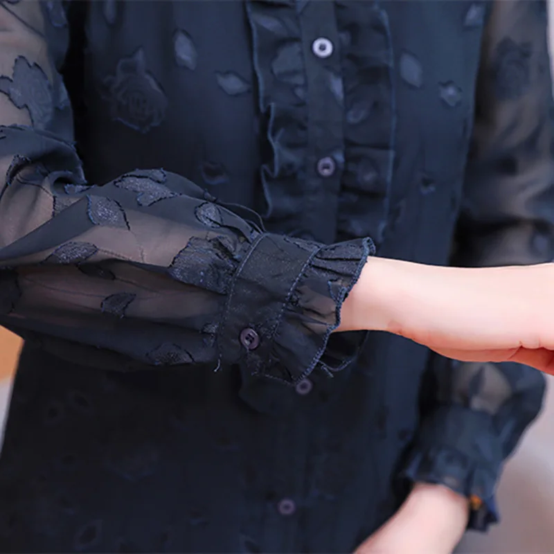 

Blue Elegant Chiffon Ruffle Blouse Fashion Jacquard Long Sleeve Spring 2021 New Office Lady Blouse Shirts Women Solid
