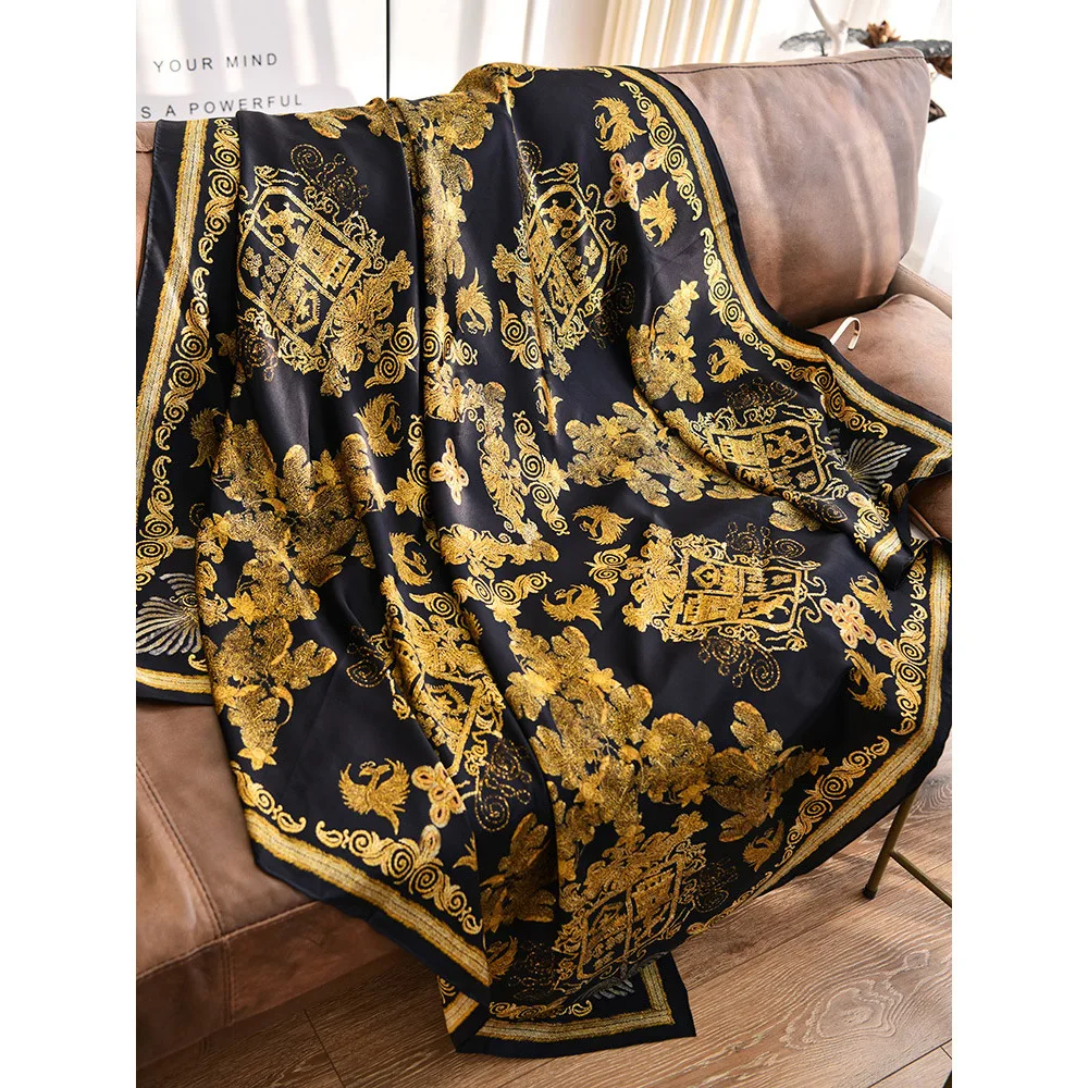 Gorgeous Gold Totem Print 100% Silk Sand Washed Twill Scarf Shawl Scarves Coat Wraps Ponchos and Capes 136*136cm