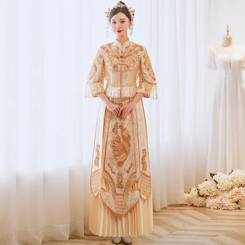 Champagne Bride Wedding Dress Embroidery Cheongsam Chinese Style Marriage Set Chinese Women Costume Lady Gift S M L XL XXL