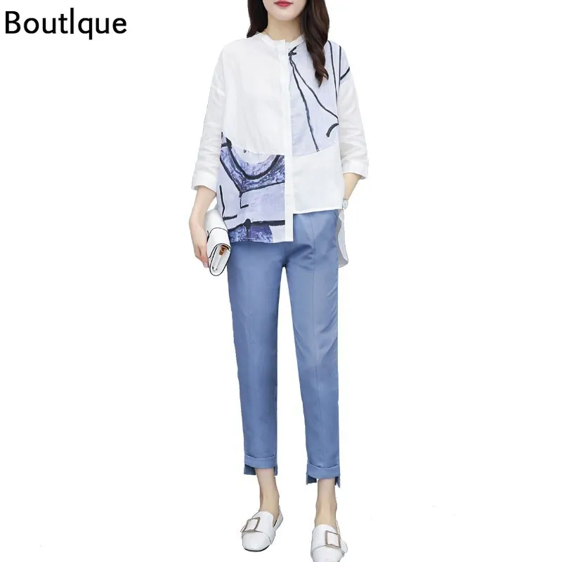 

Female Office Suit Set Asymmetrical Print Shirts Top +Irregular Long Pants Suit Women's Summer Casual Costumes 2 Piece Sets