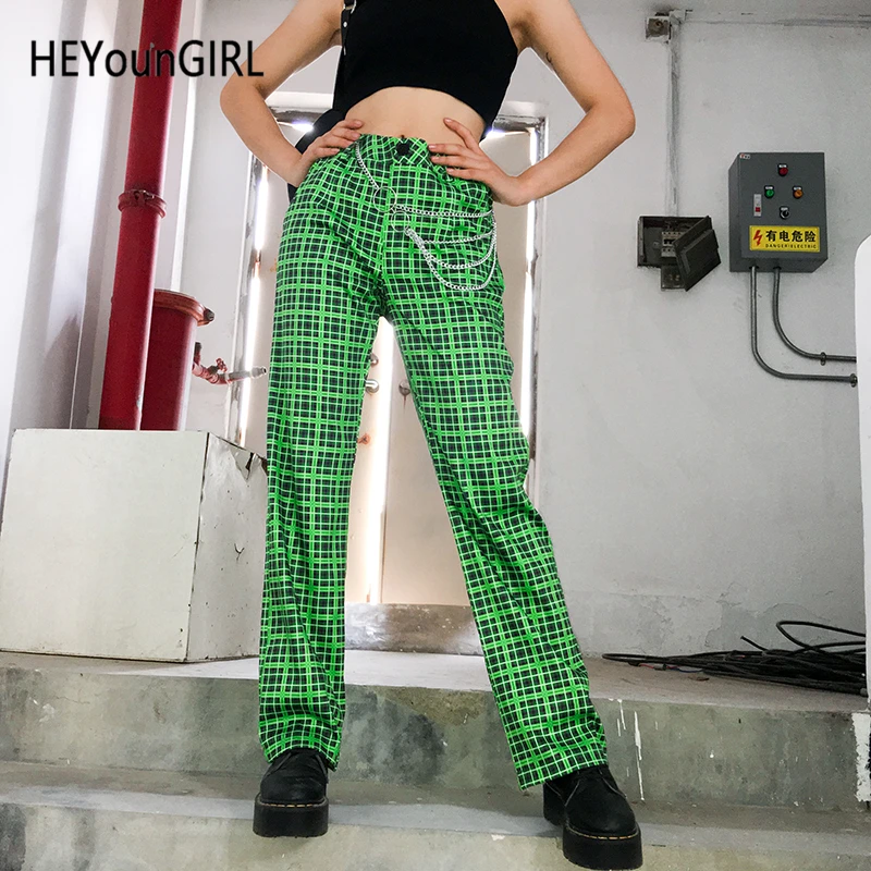 HEYounGIRL клетчатый брюки женские Harajuku повседневные Прямые женские широкие брюки с высокой талией зеленые штаны для уличного бега