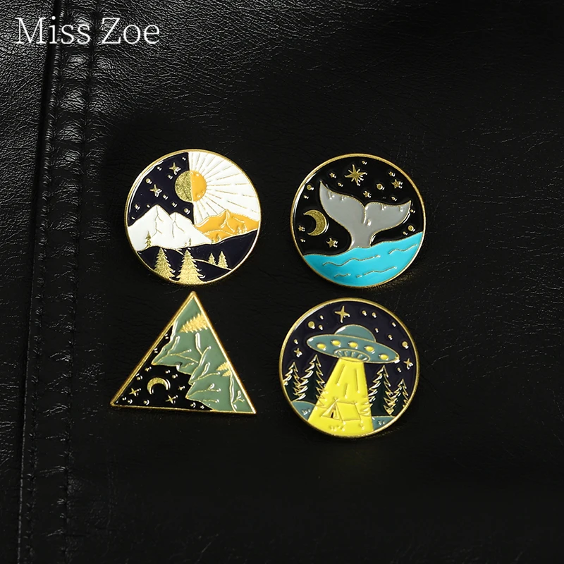 

Outdoors Travel Mountain Enamel Pin Ufo Ocean Shark Metal Alloy Badges Brooches For Women Men Jewelry Gift For Friends Wholesale