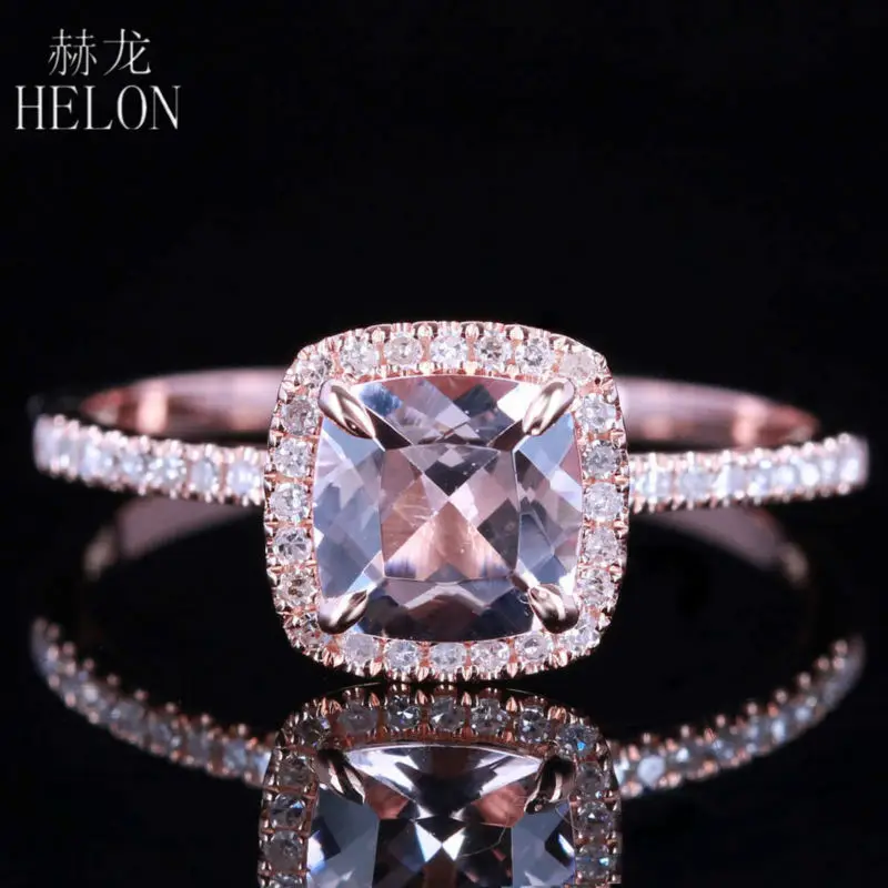 HELON Solid 18K Rose Gold Certified Cushion 0.9ct Natural morganite Diamond Engagement Wedding Women Jewelry Ring Claw Prongs | Украшения и