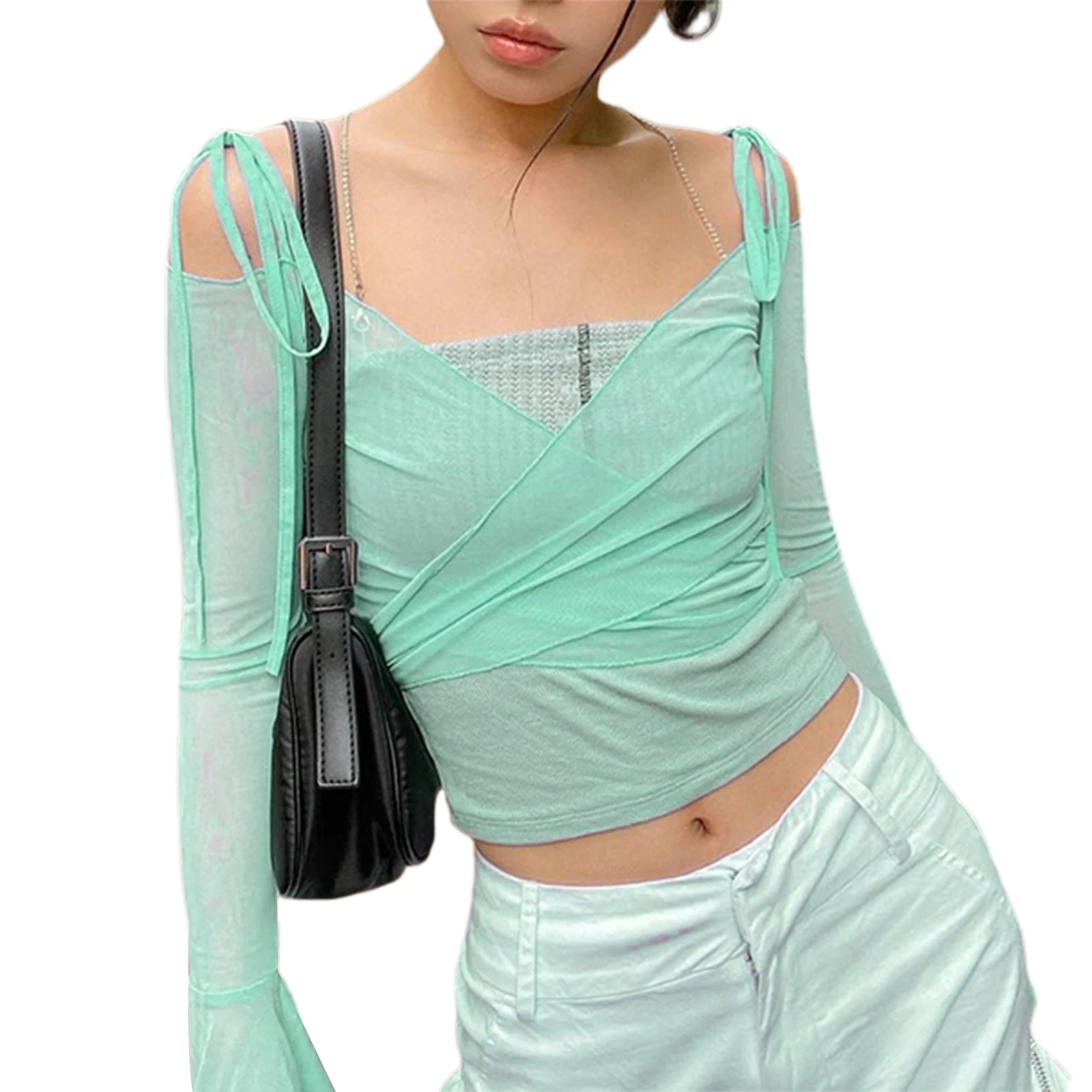 

Women’s Casual Trumpet Sleeve T-shirt Fashion Solid Color Mesh Yarn Exposed Navel Tops