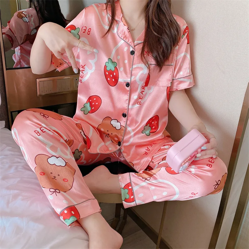 

Ladies Summer Ice Silk Short-sleeved Trousers Cardigan Lapel Suit Satin Sleep Home Wear Sleepwear Can Be Worn Outside Sleepwear