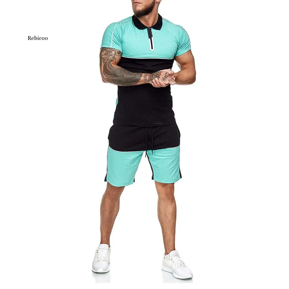 

Mens Short Sets Summer Casual Summer Clothing 2 Piece Set Colorblock Track Suits Male Shirt t Shirt+Shorts Men Tracksuits