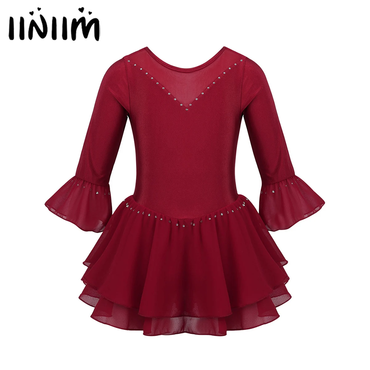 Детское блестящее платье стразы с расклешенными рукавами для катания на