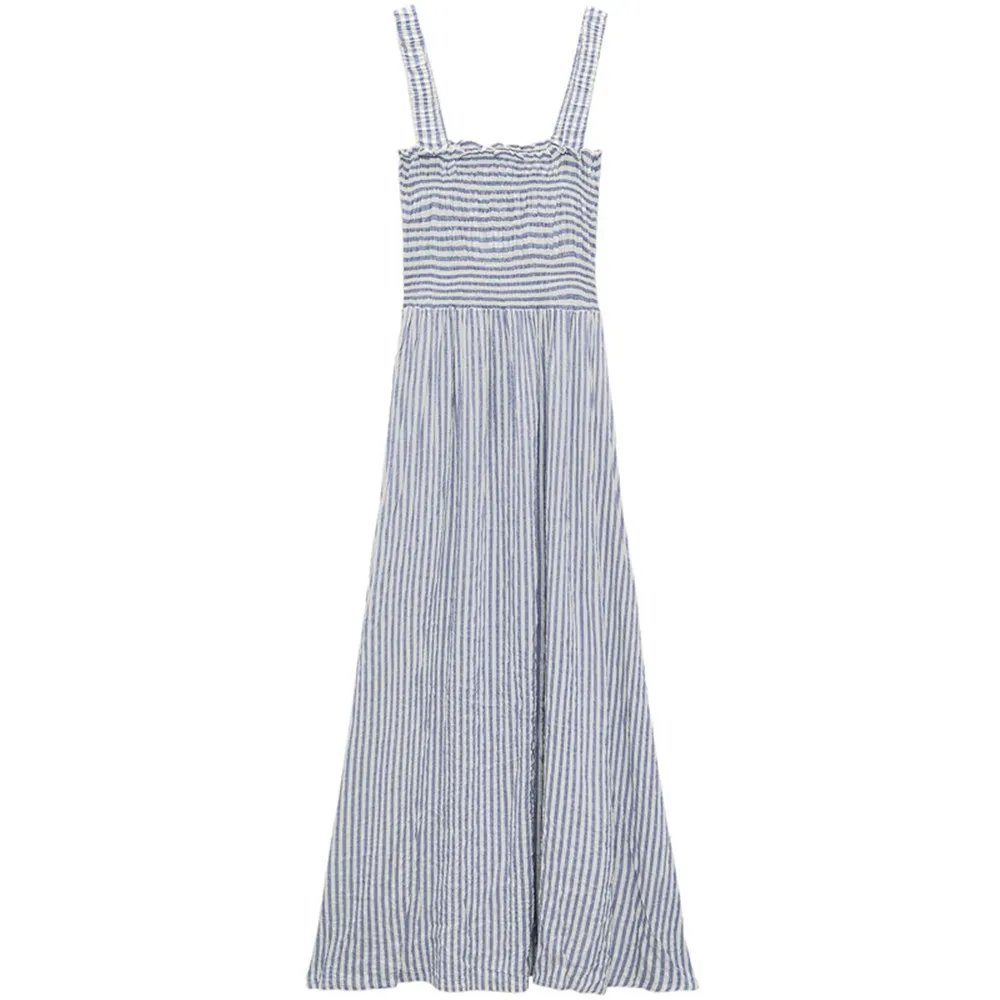 

Women casual summer smocking ladies wear corrugated Sleeveless print braces dress