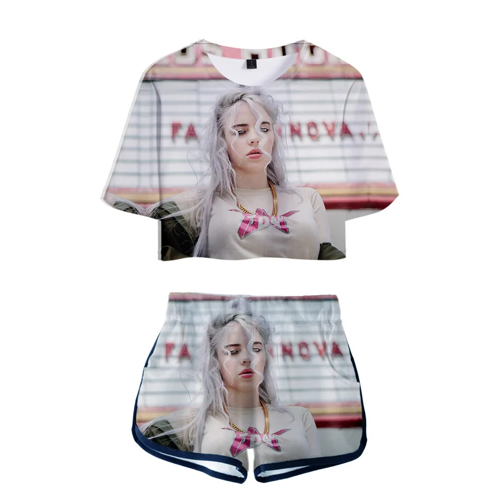 Billie Eilish 3D Толстовка с принтом Женский комплект из двух предметов укороченный топ