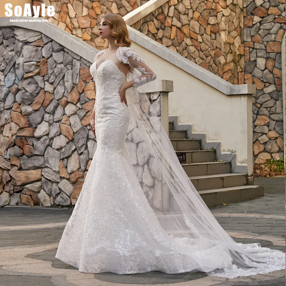 SoAyle #W48 Strapless Sexy Sweetheart Mermaid Dress Lace Backless Long Sleeve Shawl Wedding Gown Luxury Beaded Vestido De Novia