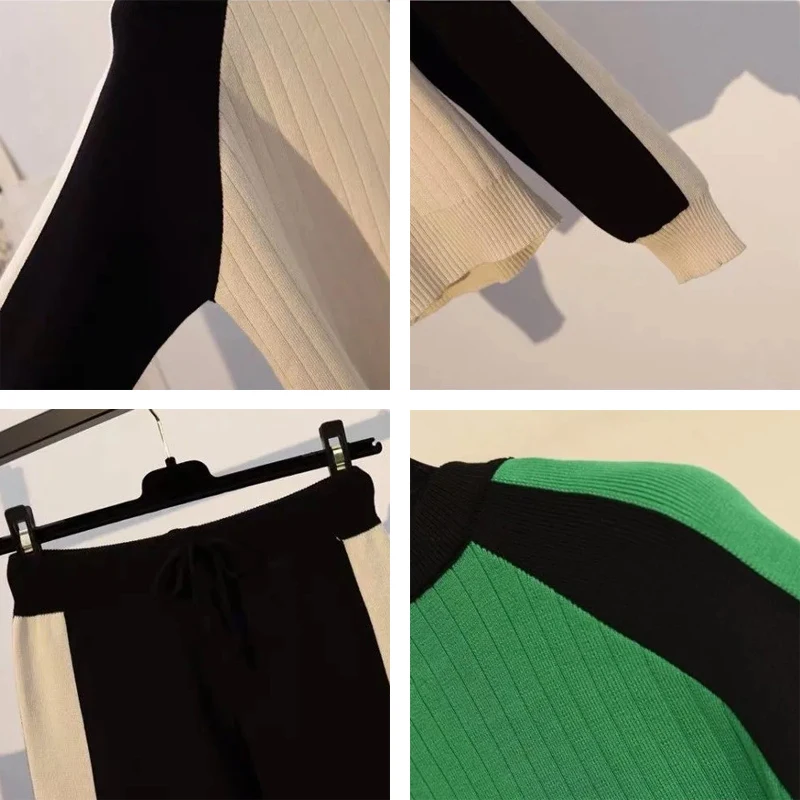 

Striped Patchwork Slim 2 Piece Sets Casual Zipper Cardigan Knitted Short Tops And Stretch Knit Sweatpants Tracksuit Women