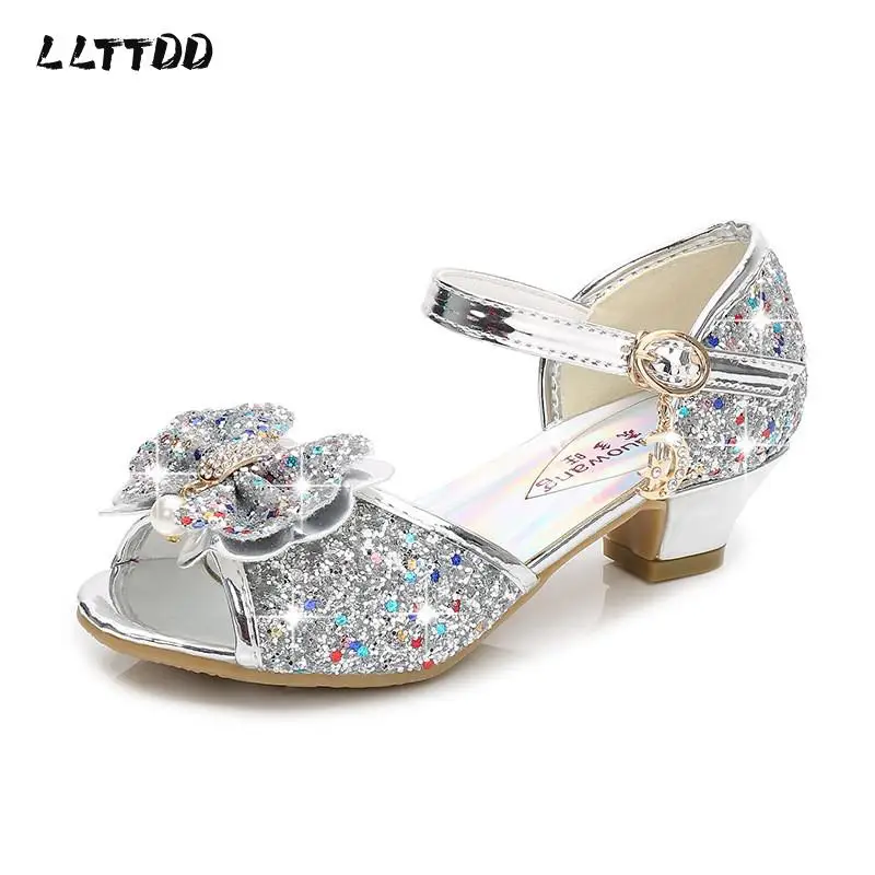 

Princess Kids Leather Shoes for Girls 2021 New Flower Casual Glitter Children High Heel Girls Shoes Butterfly Knot Size 26-38