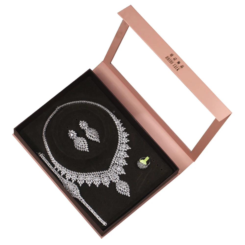 

TIRIM Trendy Nigerian African Bride Wedding Cubic Zirconia Flower Leaf Necklace Earrings Dubai 4 PCS Dress Jewelry Set For Women