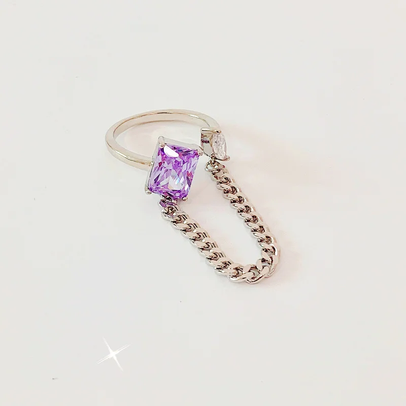 

Origin Summer Fashion Geometric Purple Square Rhinestone Ring for Women Girl Metallic Chunky Chain Open Adjustable Ring Jewelry