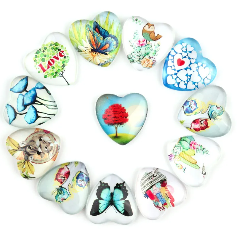 

20/10pcs Cartoon Pattern Printed 10-25mm Heart Flatback Cabochon Glass Spacers For DIY Jewelry Making Bracelet Accessories