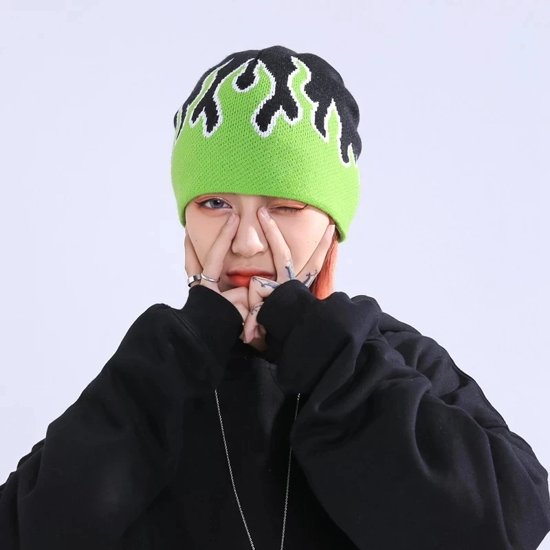 Шапка-бини унисекс Вязаная Мягкая в стиле хип-хоп с принтом огня для уличного