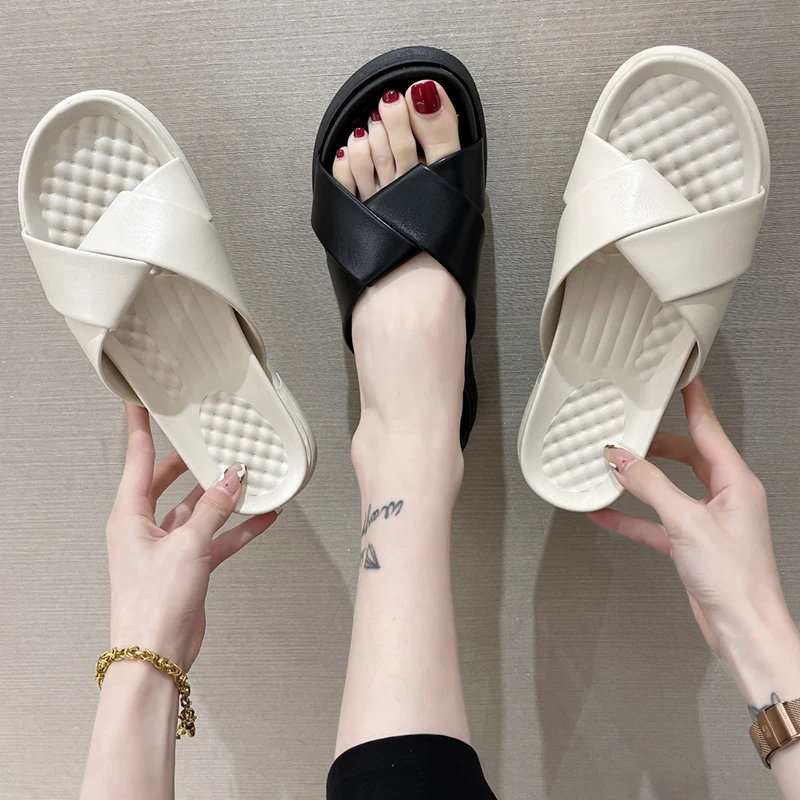 

Rimocy Comfortable Thick Platform Slippers Women Summer PU Leather Casual Slides Woman Soft Sole Solid Color Beach Sandals Mujer
