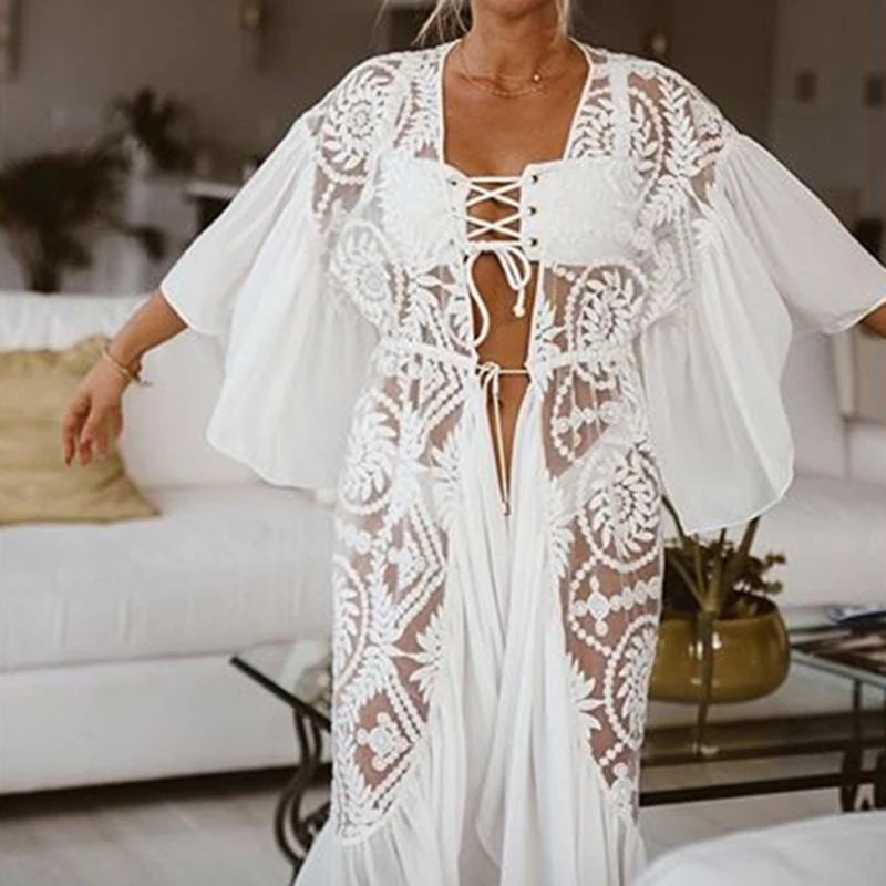 Накидка женская кружевная шифоновая Повседневная белая Пляжная накидка в стиле