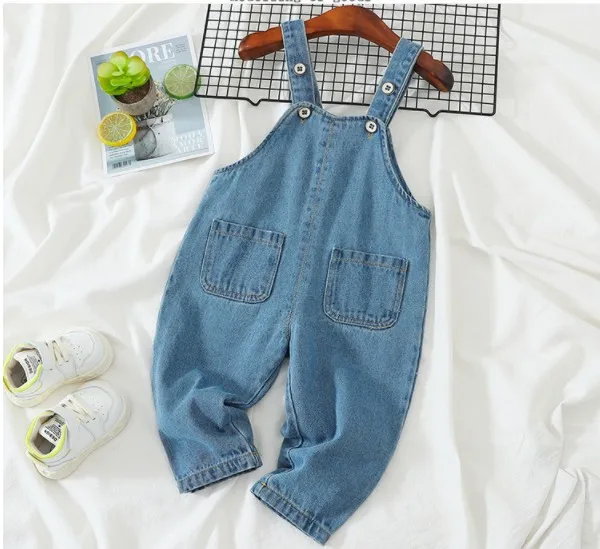 

Breathable Toddlers Suspender Trousers Summer Autumn Baby Girls Boys Solid Color Double Pocket Casual Overalls Denim Pants