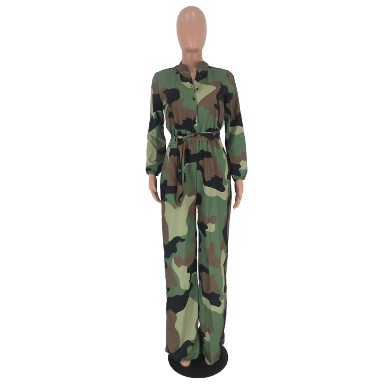 2019 Autumn Camouflage Printed Jumpsuits And Rompers For Women Loose With Sashes Palazzo Pants Bib Overalls Sexy Casual Pockets | Женская
