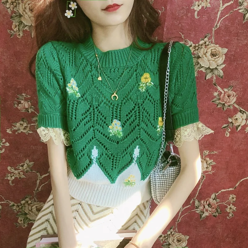 

Thin knitwear women's green sweater short 2021 spring and summer new lace half sleeve retro hand embroidered flowers