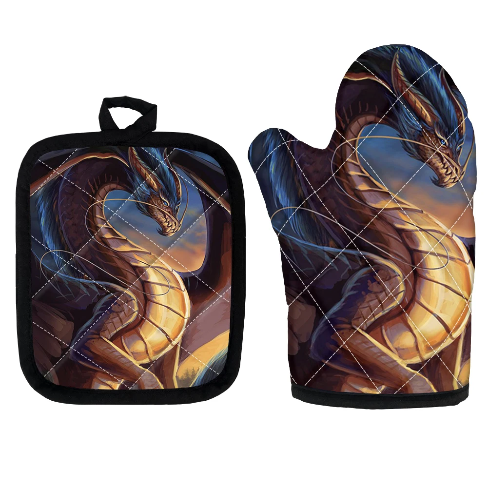 

Cool Dragon Design Oven Gloves Heat Resistant Set Baking Accessories Oven Mitts And Pot Holders Sets Home Kitchen Insulation Pad
