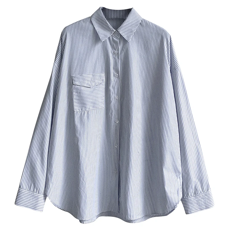 

2021 New Women Loose Spring and Autumn Striped Design Wild Shirts Female Wild Base Shirt Student Tops Wholesale NS2469