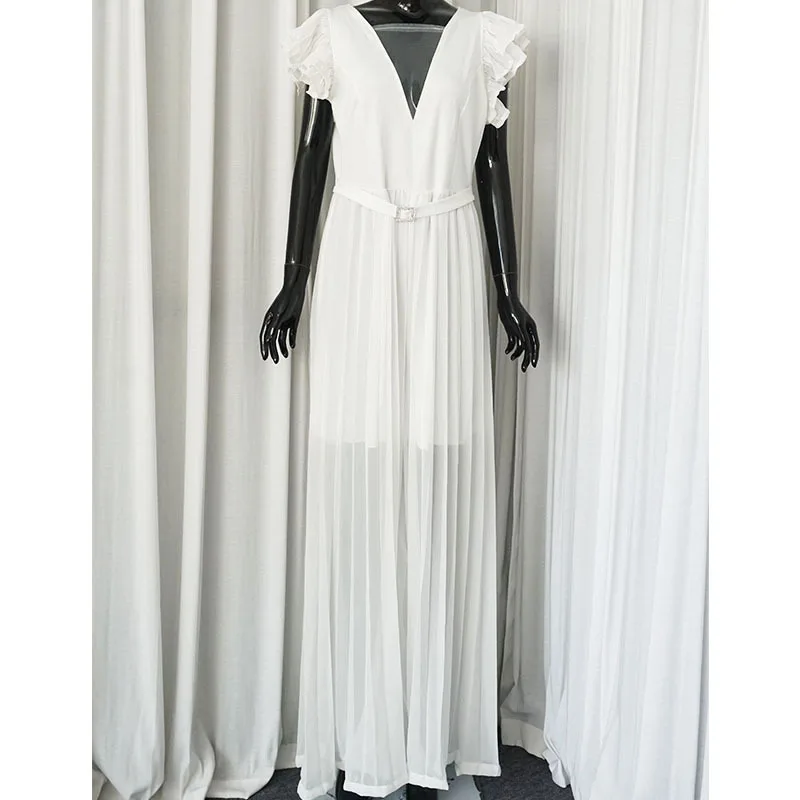 

White Chiffon Jumpsuits Summer 2021 Sexy Wide Legs Pleated Ruffle Sleeve Party One Piece Rompers Africa Deep V Neck Playsuits