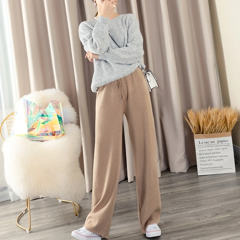 

Wide Leg Pants Drawsring Full Length Moping Shaking Pant High Waist Casual Knit Trousers Autumn Winter Thick Warm Women