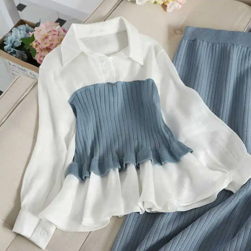 

Elegant Autumn Women Two Picece Skirts Set Casual Lady Shirts Tops Slim Skirts Suits Matching Clothes Elasic Waist Skirt Outfits