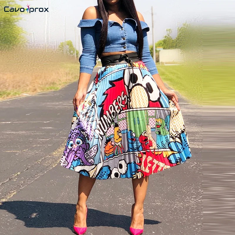 Женская ностальгическая юбка миди с графическим принтом до середины икры