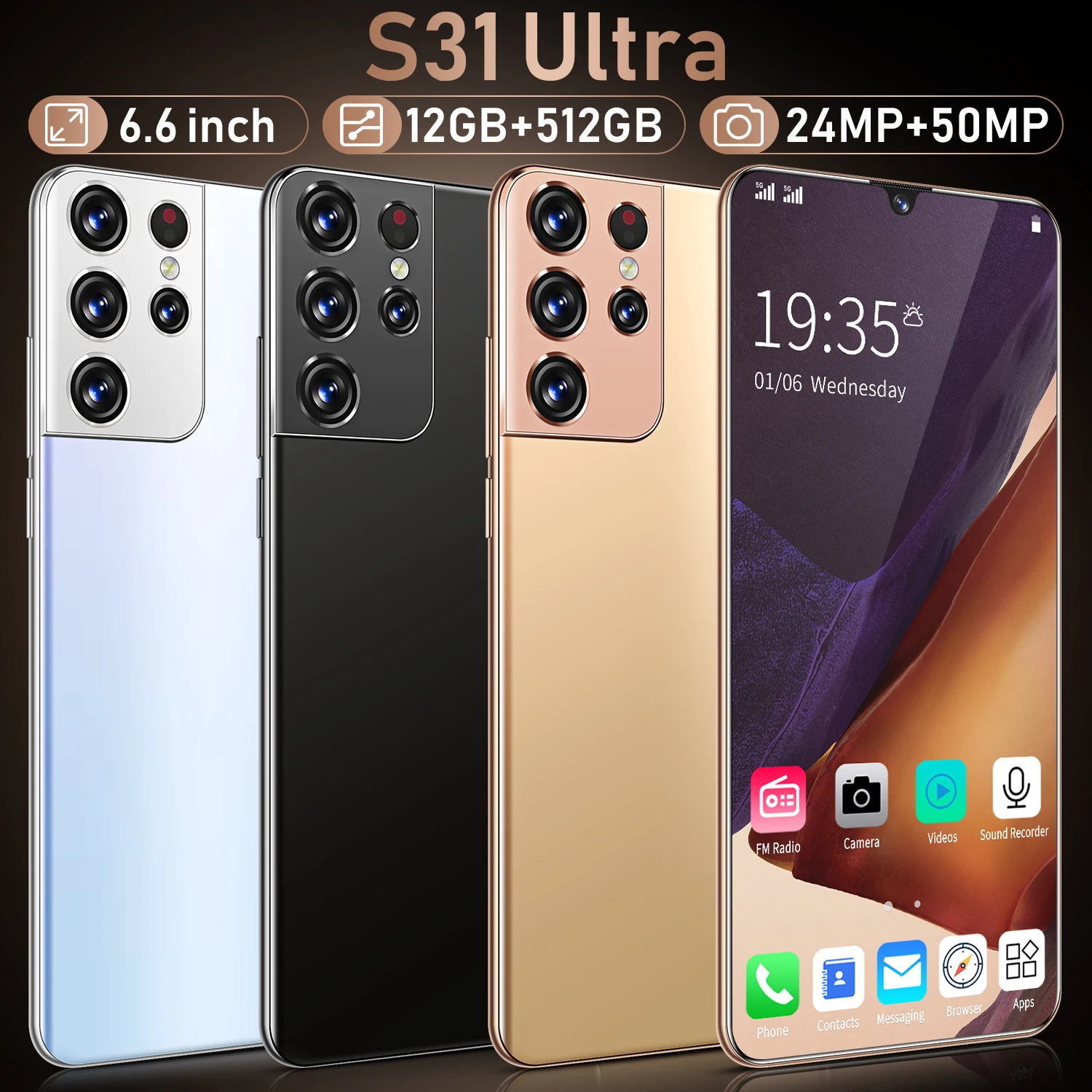 

Global Version 6.6Inch Galax S31 UItra Smartphone 12GB+512GB 6000mAh Snapdragon888 Rear Five Camera 50MP Selfie Deca Core 5G LTE