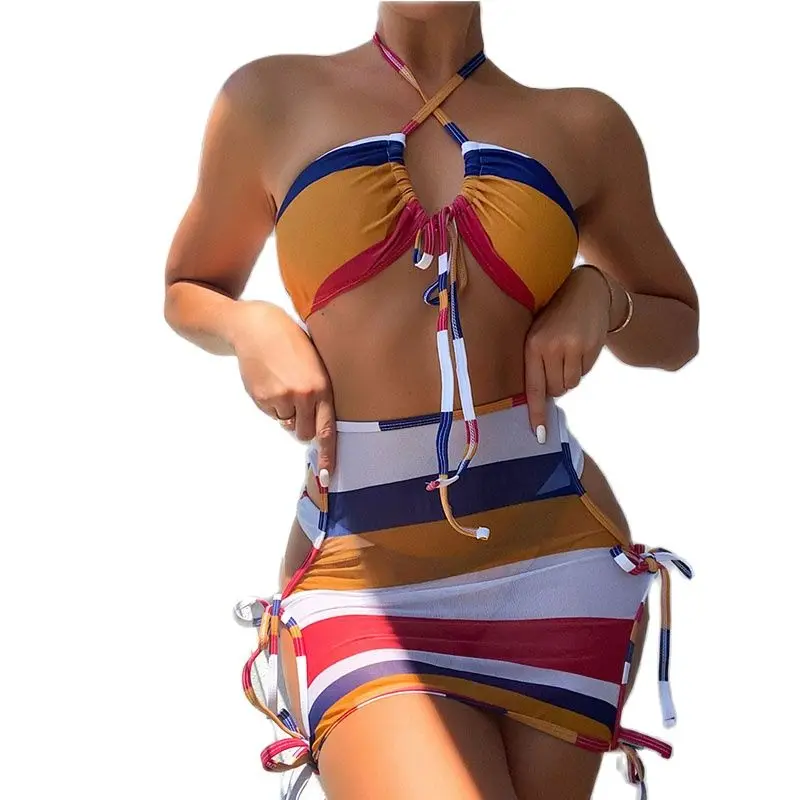 

Stripe Halter Swim Suit Set 3 Piece Bikini Set Women'S Push Swimwear Feminine Bikinis Swimsuits 2021 Brazillian Bikini Set